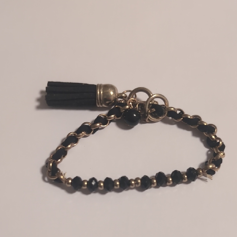 Black and Gold‎ Beaded Bracelet with Tassel